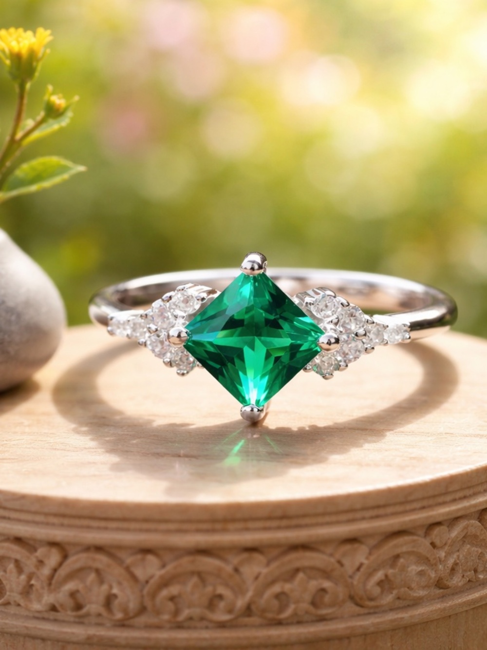 New Princess Cut Emerald Ring Handcrafted Sterling Silver 925 , May Birthstone